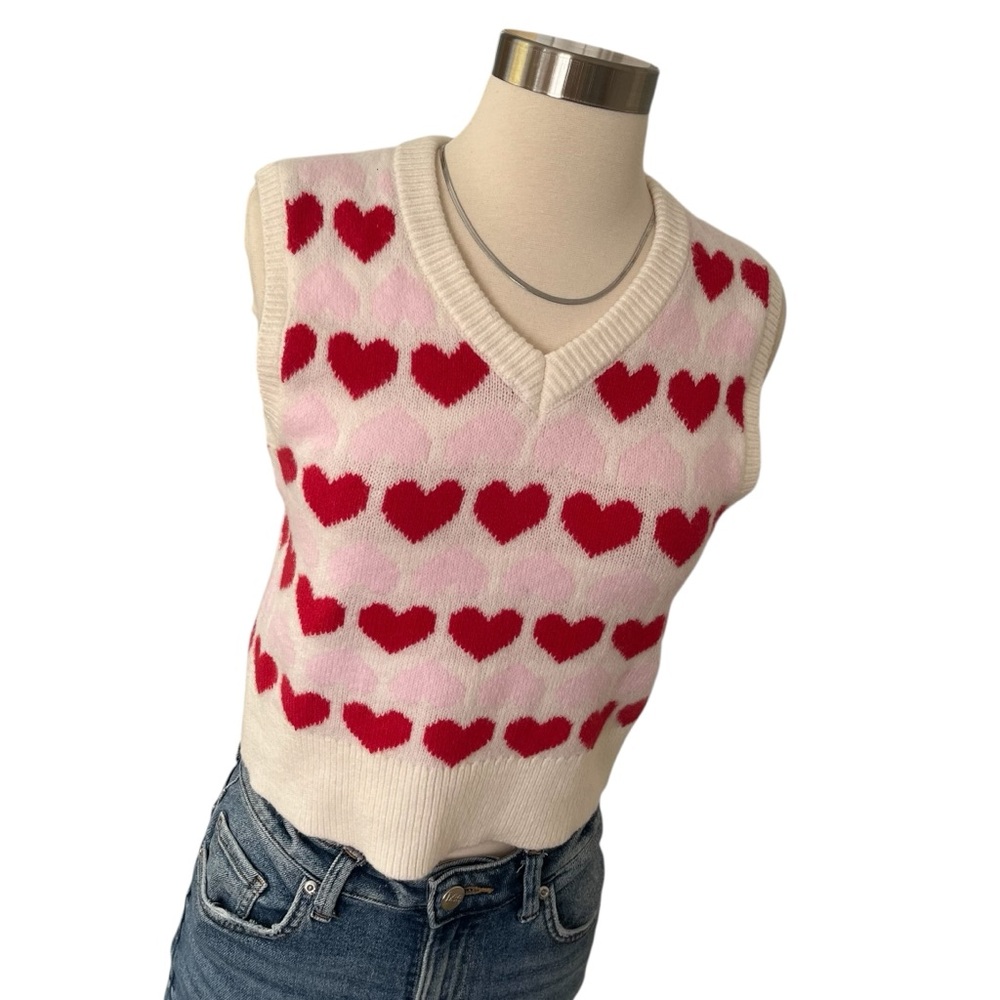 Old Navy heart print pullover v-neck knit sweater vest cotton blend pink red S